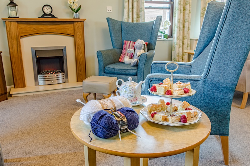 The Willows lounge with blue armchairs, fireplace and knitting yarn